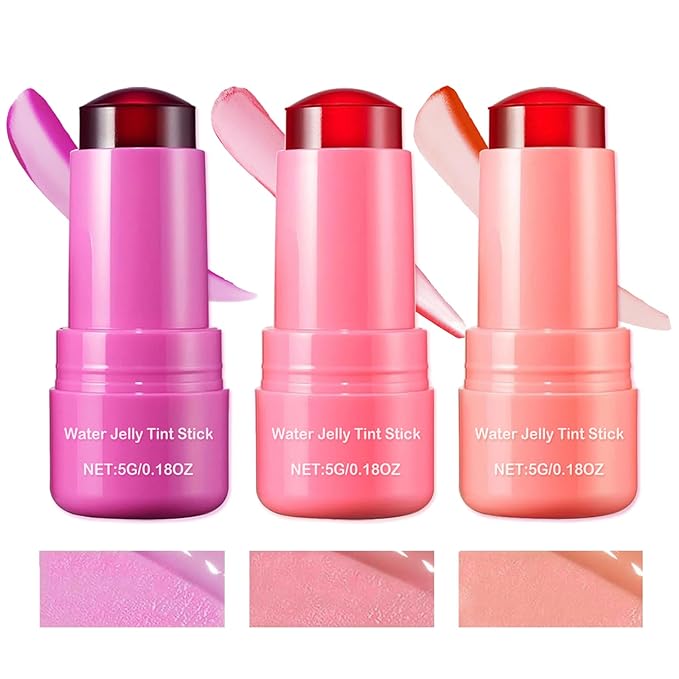 3 PCS Cooling Water Jelly Tint/Blush,Chill (Poppy Pink+Coral+Berry) Lip