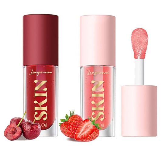 2Pack Big Brush Head Hydrating Lip Glow Oil Plumping Lip Tint, Hydrating Lip Gloss Tinted Lip Balm Transparent Lip Care, Long Lasting Nourishing Non-sticky Fresh Texture (Strawberry + Cherry)