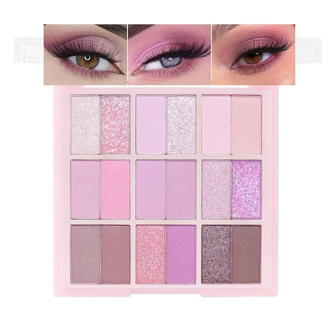 18Colors Purple Pink Nude Shimmery Eyeshadow Palette Makeup,Light Purple Mauve Glitter Sparkly Highly Pigmented Eye Shadow Long Lasting Waterproof Naturing-Looking Blendable for Beginners