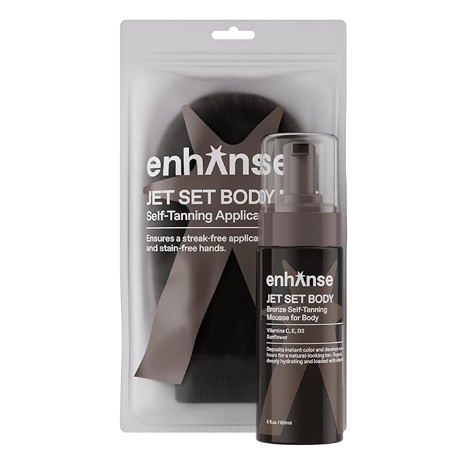 Jet Set Body Self Tanner Mousse & Tanning Mit for Men, Hydrating Self Tan, Vitamin C E D3, Instant Glow, Develops Over 6 Hours, Anti Orange Streak Free Tanning, Clean, 5 Fl Oz