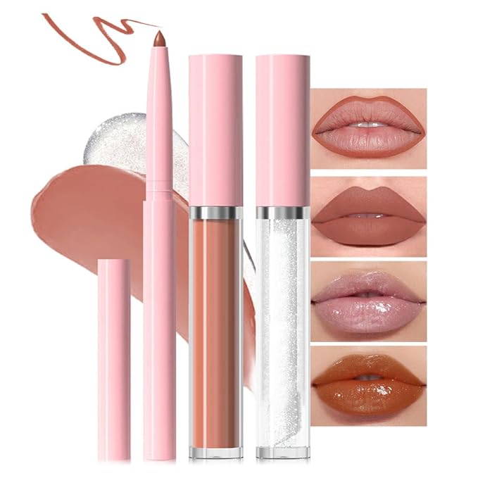 3-in-1Beige Nude Matte Lip Stain Kit | Waterproof Lip Liner + Hydrating Matte Lip Gloss + Nourishing Lip Oil | Long Lasting Plumping to Create Perfect Lip Makeup.03#