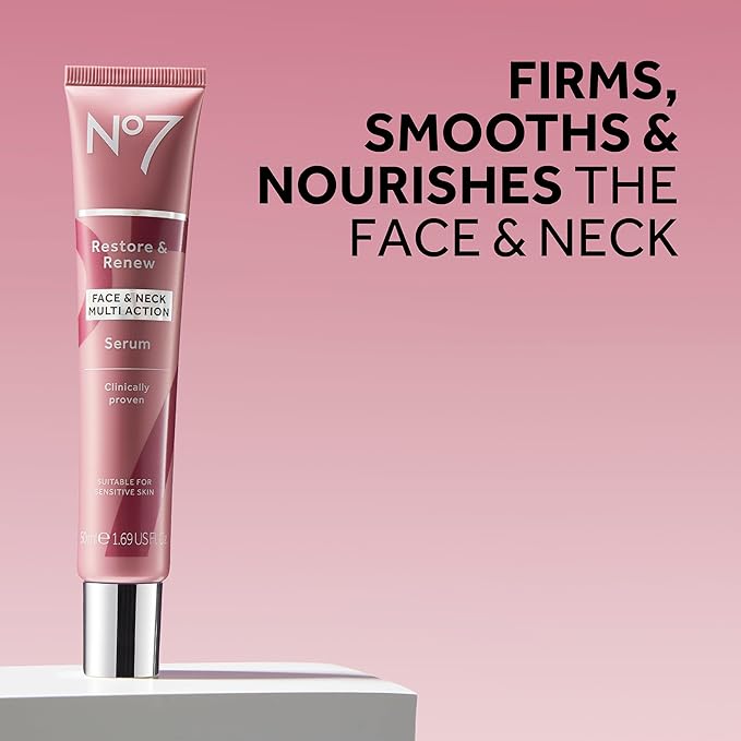 No7 Restore & Renew Face & Neck Multi Action Skincare System - SPF 30 Day Cream with Vitamin C & Collagen Peptides + anti-Aging Facial Serum + Hyaluronic Acid Hydrating Night Cream (3 Piece Kit)