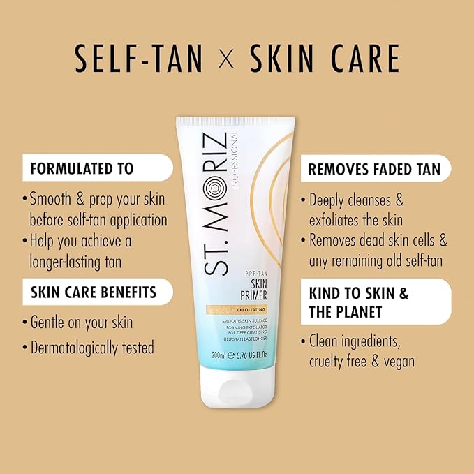 St Moriz Pre-Tan Skin Primer for Self Tanner- Exfoliating Fake Tan Primer - Preps & Primes Skin for Long-Lasting Tan - Deep Cleansing Foaming Exfoliator for Self Tan (6.76 fl oz)