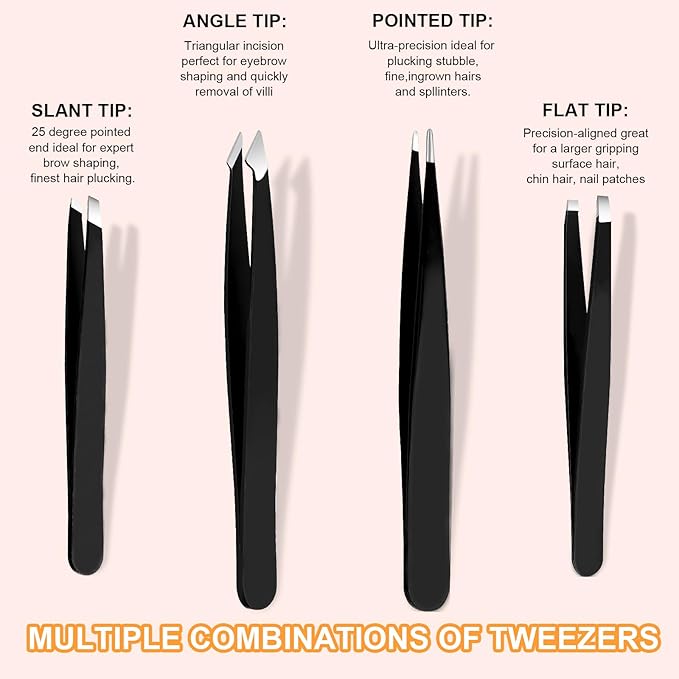 Yougai Tweezers Set,9 Pcs Professional Stainless Steel Eyeberow Tweezer Kit for Women and Men, Great Precision Tweezers No Gaps with Leather Travel Case