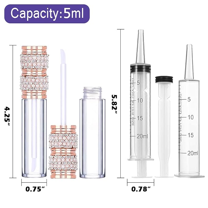 AMORIX 24 Pack Pearl Diamond Lip Gloss Tubes with Wand 5ml Empty Lip Gloss Containers Lipgloss Bottles with Stoppers + 2pcs Syringes for DIY Lip Gloss Balm