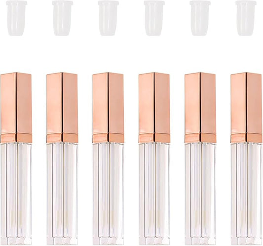 Mini Skater 6pcs 5ML Clear Empty Lip Gloss Tubes With Wand Reusable Refillable Travel Dispenser Bottle Vial With Rubber Stopper Cosmetic Container For Lipstick Balm Lip Glaze DIY Making (Rose Gold)
