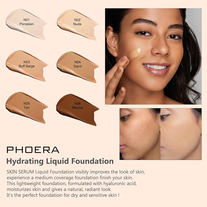 PHOERA Essence Foundation,Hydrating Waterproof and Light Long Lasting (N01 Porcelain)