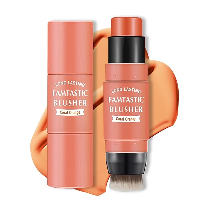 Cream Blush Stick with Brush,Waterproof Blush Makeup,Long Lasting Coral Orange