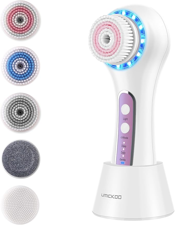 Face Scrubber Exfoliator,Facial Cleansing Brush Rechargeable IPX7 Waterproof with 5 Brush Heads,Electric Face Spin Brush for Exfoliating, Massaging and Deep Cleansing (White+Purple)