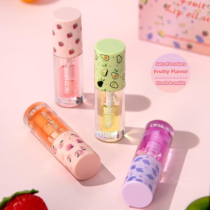 Petansy Fruit-Flavored Plumping Lip Oil Set 4 Packs Moisturizing Lip Glow Oil Long Lasting Nourishing Lip Gloss Set No-Sticky Gloss Lip Balm Lip Care