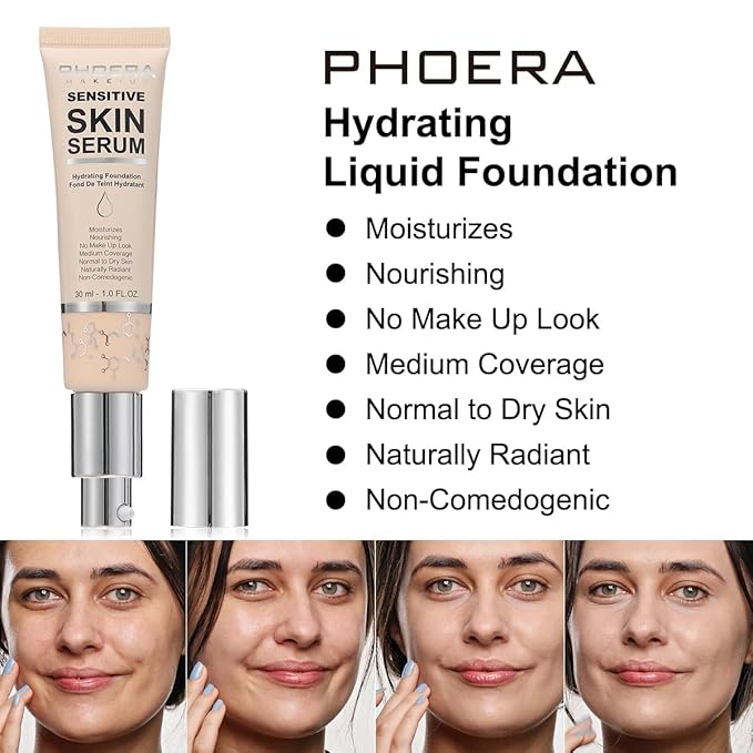 PHOERA Hydrating Serum Foundation,Flawless Full Coverage and Hypoallergenic Tan, norm)