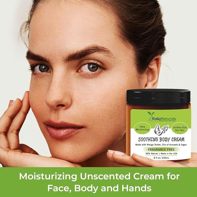 RaGaNaturals Natural Moisturizing Cream - Body & Face Moisturizer for Dry to Very Dry, Sensitive Skin - Unscented Body Cream with Vitamin E & Avocado, Argan Oil - Non-Comedogenic, Fragrance Free -8 Oz