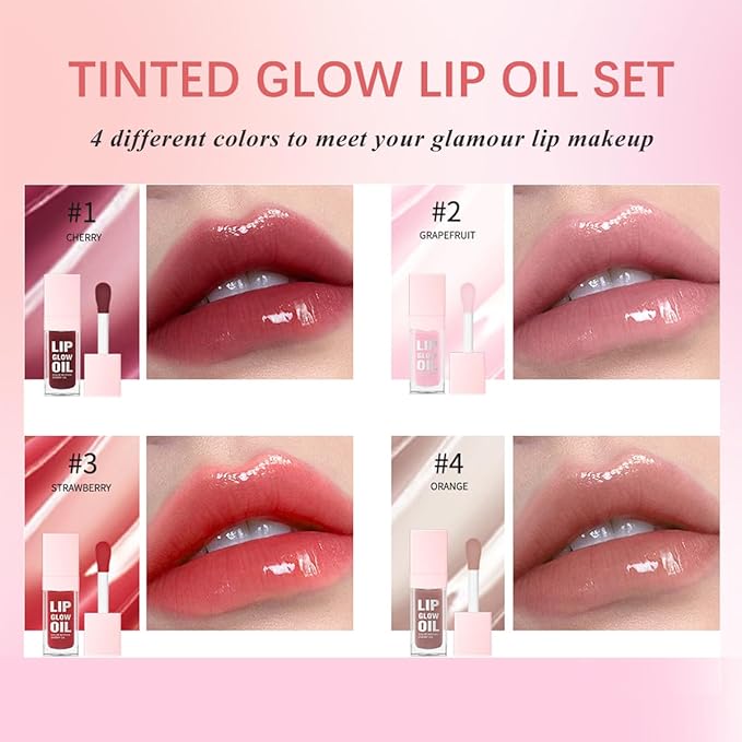 Glow Lip Oil Set, 4 Colors Tinted Glow Lip Oil Set, Hydrating Transparent Moisturizing Plumping Non-Sticky Big Brush Head Lip Gloss