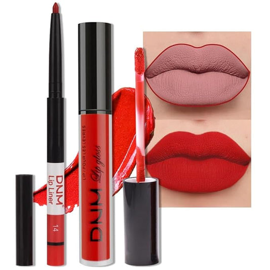 evpct 2Pcs Ruby Red Matte Lip Liner and Lipstick Combo Red Lip Gloss Stains Pencil Makeup Set Women Waterproof Long Lasting 24 Hours Lipstick and Lip Liner Set labiales mate 24 horas originales 14