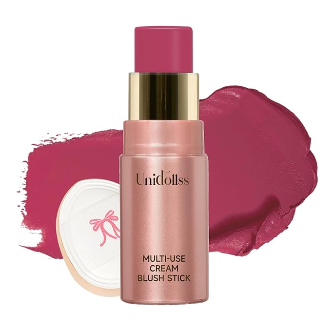 Multi-Use Makeup Cream Blush Stick, Unidollss 3-in-1 Buildable Powder Blush Stick for Cheeks, Eyes, and Lips, Hydrating formula, All day wear, Easy Application with Thumb Puff Included (04 FLIRT)