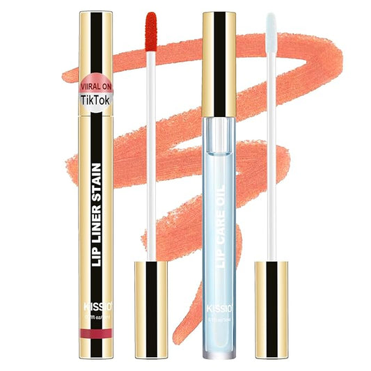 KISSIO Lip Stain Set,Peel Off Lip Liner Stain and Lip Care Oil,Transfer Proof,Long Lasting and Waterproof Lip Tint,Matte Finish,Lip Combo,06 Inlove