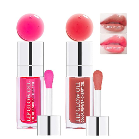2 Colors Hydrating Plumping Lip Glow Oil,Moisturizing Lip Oil Gloss Transparent Glossy Lip Gloss Primer Lip Tint for Lip Care and Dry Lip (012#+015#)