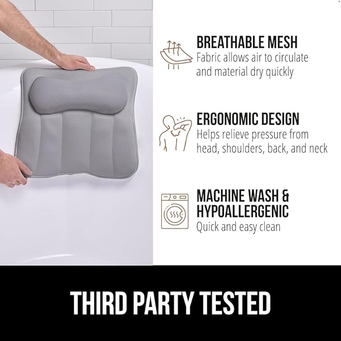 GORILLA GRIP Mesh Bath Pillow for Tub, 6 Powerful Suction Cups, Oversized Headrest with Breathable FlexComfort Technology for Neck, Head, Back Support, Luxury Machine Washable Bathtub Must Haves, Gray