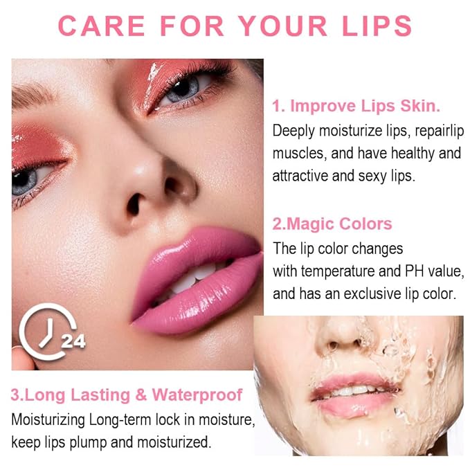 evpct 3Pcs Magic Color Changing Lipstick Long Lasting Waterproof 24 Hours Original for Women, Aloe Vera Peach Avocado Pink PH Mood Permanent Color Changing Lipstick Lip Balm Gloss, labial magico