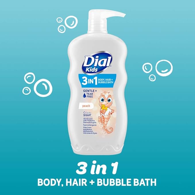 Dial Kids 3-in-1 Body + Hair + Bubble Bath, Peach, 24 fl oz (Pack of 4)