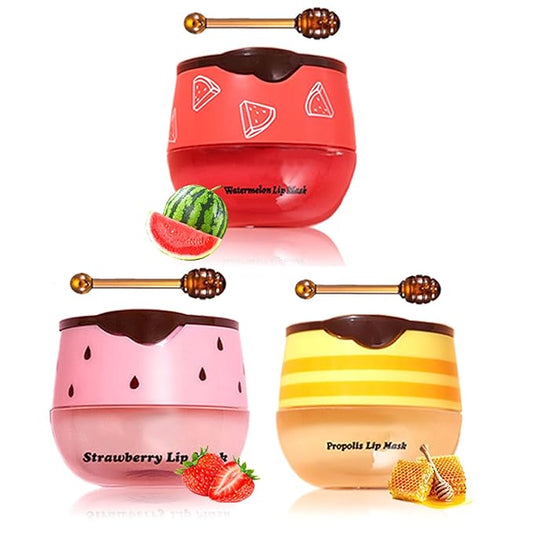 3Pcs Lip Balm Honey Pot, Lip Honey&Strawberry&Watermelon)