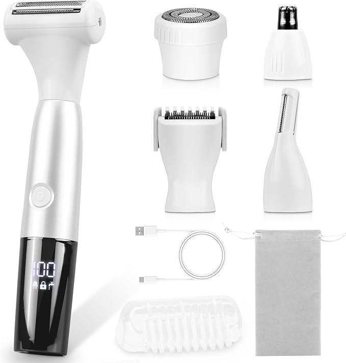 5 in 1 Bikini Trimmer for Women - Electric Razors for Women, Cordless Rechargeable Electric Shaver, IPX7 Waterproof Wet Dry Lady Body Hair Remover for Face Nose Eyebrow Arm Leg Pubic Armpit Bikini