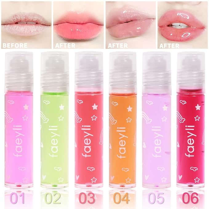 6PCS Roll On Lip Gloss Set, Fruity Flavors Moisturizing Lip Oil,Kids Lip care,Transparent Plumping Lip Gloss,Kid Friendly, Party Gift