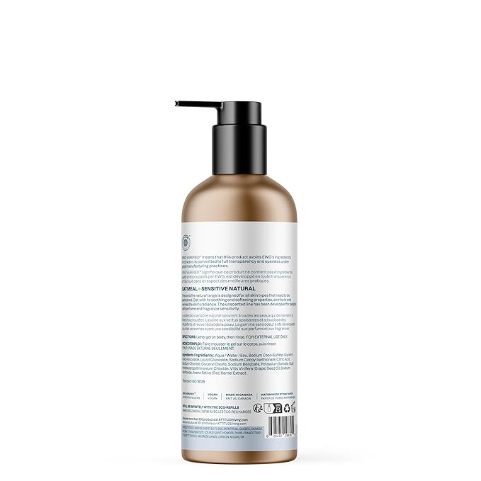 ATTITUDE Body Wash for Sensitive Skin, EWG Verified Shower Gel, Soothing Oat, Dermatologically Tested, Plant and Mineral-Based, Vegan Personal Care, Aluminum Bottle, Unscented, 16 Fl Oz