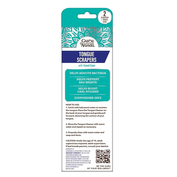 GuruNanda Tongue Scraper for Adults (4-Pack) with Travel Case, 420 Medical Grade Stainless Steel, Aids in Fresh Breath & Oral Care - Travel-Friendly