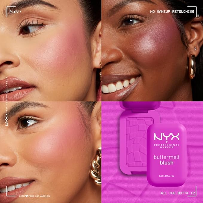 NYX PROFESSIONAL MAKEUP Buttermelt Powder Blush, Fade and Transfer-Resistant Blush, Up to 12HR Make Up Wear, Vegan Formula - All The Butta