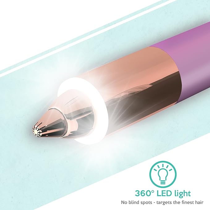 2-in-1 Portable Rechargeable Painless Eyebrow Trimmer & Facial Hair Remover, removes eyebrow, face, lips and body hair for women. 18K gold plated hypoallergenic heads, 360° LED light for Hair Remover