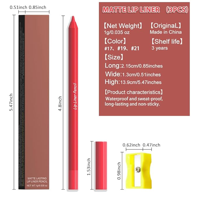 evpct 3Pcs Vermilion Rose Red Matte Long Lasting Wear Lip Liner Pencils Makeup Set for Shaping & Sculpting Lips, No Transfer Waterproof Pigmented Lip Liner Crayon lipliners Lipstick Pencil 17+19+21
