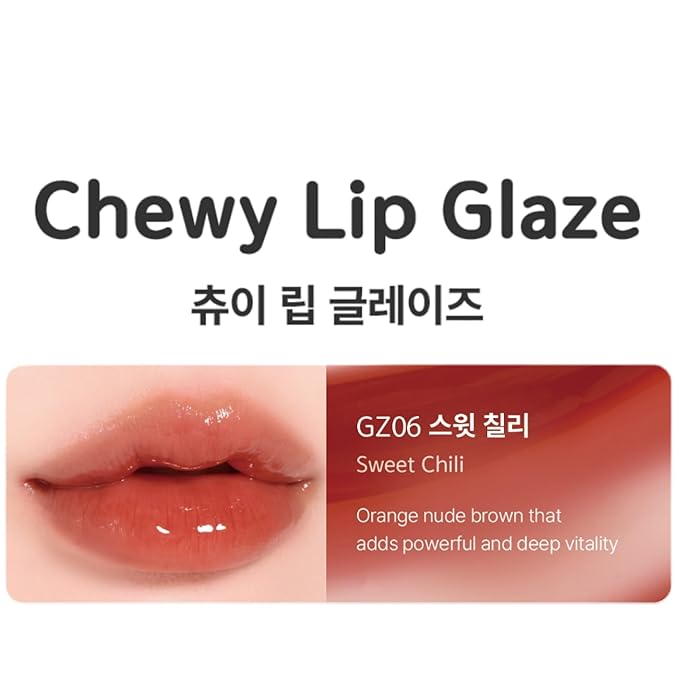 Chewy Lip Glaze, High Shine Lip Gloss, Korean Beauty (GZ06 Sweet Chili, 3.5 grams)