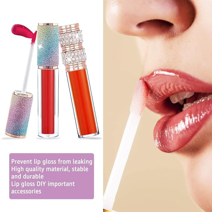 AMORIX 6pcs Lip Gloss Tubes with Wand 5ml Empty LipGloss Containers Pearl Diamond Lipgloss Bottles Crystal Lip Gloss Supplies Kit with 2pcs Syringe