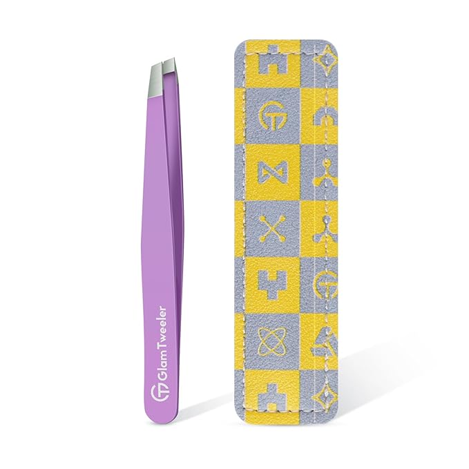 Expert Slant Tip Tweezers with Leather Case, GlamTweeler Sharp & Precision Stainless Steel Tweezer for Eyebrows, Facial Hair and Fine Hairs Removal (Violet)