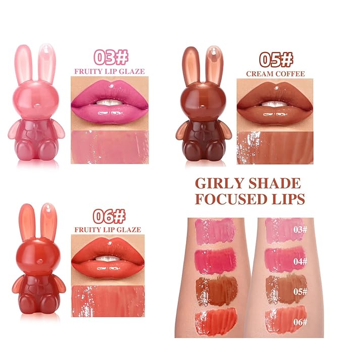 3Pcs Cute Rabbit Hydrating Lip Gloss Set,Cute Bunny Lip Glaze, Moisturising Jelly Liquid Lipsticks Lip Stain,Waterproof Non-Stick Cup Long Lasting Cute Makeup
