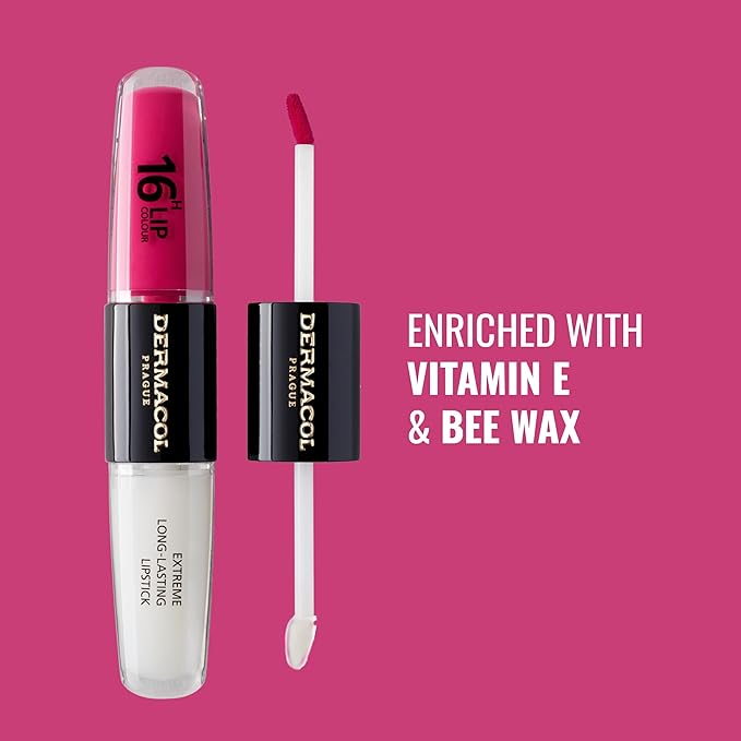 Dermacol NEW 16-Hour Lip Colour, Highly Pigmented Glossy Lip Stain, Two-Phase Lip Plumper Gloss, Kissproof Lip Makeup Products with Matte and Glitter Finish, n.8