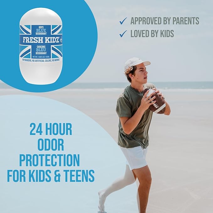Fresh Kidz Roll On Deodorant for Kids and Teens - Baking Soda and Aluminum-free 24 Hour Protection for Sensitive Skin - Boys "Blue" 1.86 fl.oz.