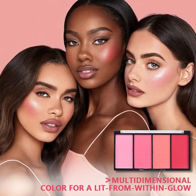 Quads Blush Makeup Palette, Matte Pressed Powder Blushes Palette, Lip & Face Paint Palette for Women, Lasting Light Pink & Hot Pink Peach and Deep Red, Platillo de rubores de cuatro colores