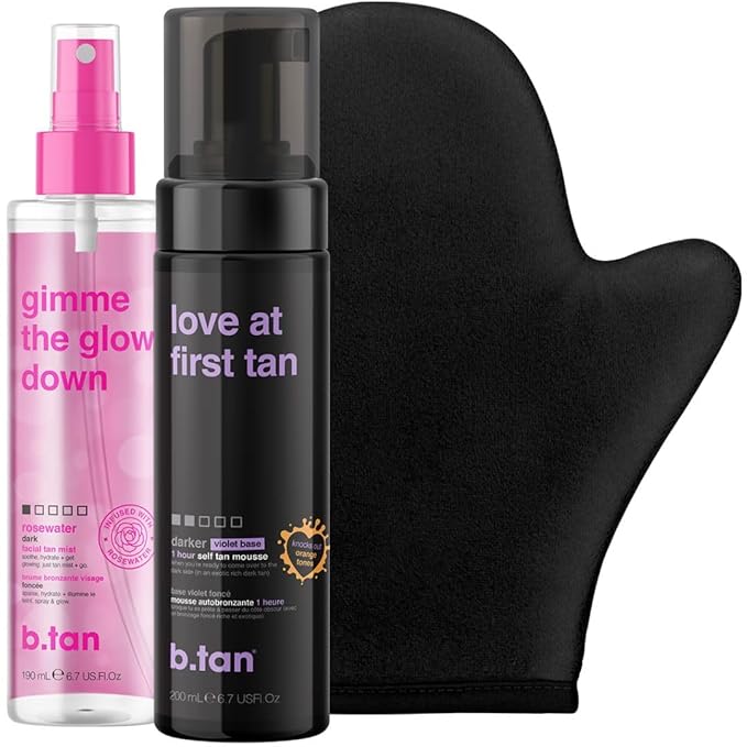 b.tan Violet Self Tan Foam & Face Mist Kit | Lovers Bundle - Dark Sunless Tanning Mousse, Bronzing Glow Gradual Facial + Body Spray, Mitt Applicator, 1 Hour Express, No Fake Tanner Smell, 6.7 Fl Oz