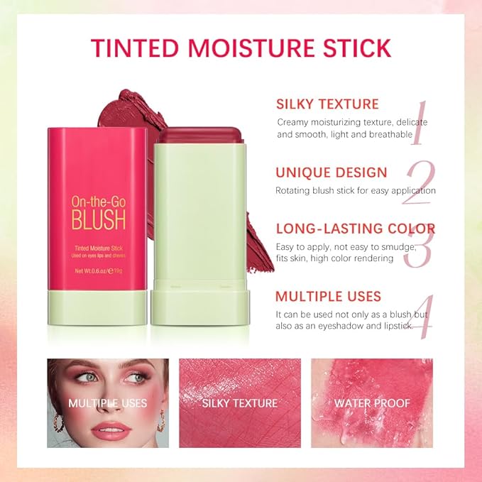 Soft Creamy Blush Stick,On-the-Go Blush,2-in-1 Cheek and Lip Tint,Waterproof Hydrating Solid Natural Moisture Smooth Blendable Matte Finish Face Blush Makeup,02 hot red