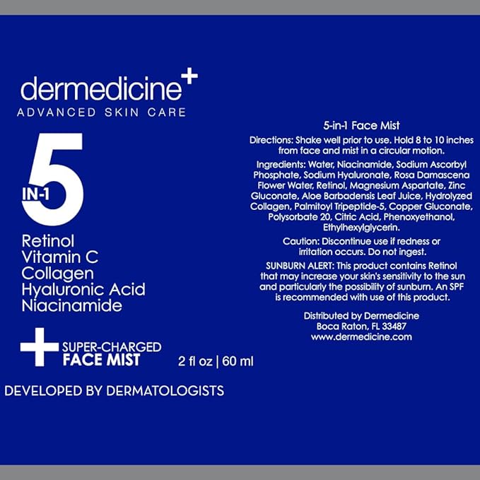 5 in 1 Super Charged Anti-Aging Face Mist w/Retinol, Vitamin C, Collagen, Hyaluronic Acid & Niacinamide | Hydrates, Refreshes & Brightens for a More Glowing Complexion | 2 fl oz, 60 ml