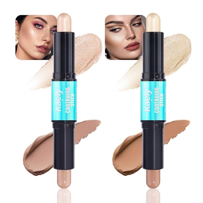 Kaely 2Pcs Cream Bronzer Highlighter Stick,Face Shaping Contouring Shades Makeup,01+02