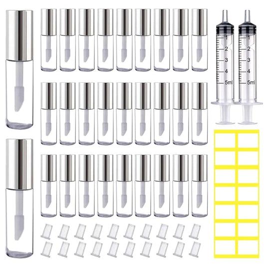 AMORIX 50PCS Mini Lip Gloss Tubes with Wand 1.2ml Empty Lip Gloss Containers Clear Refillable Travel Lip Balm Bottles for Samples with 5ml Syringes DIY Lip Gloss Base + Tag Labels(Silver)