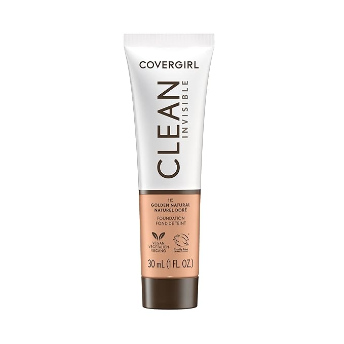 COVERGIRL Clean Invisible Foundation Makeup, Dewy & Glowy Finish, Buildable Coverage, Skin-Like Smooth Look, Vegan, Golden Natural, 1oz