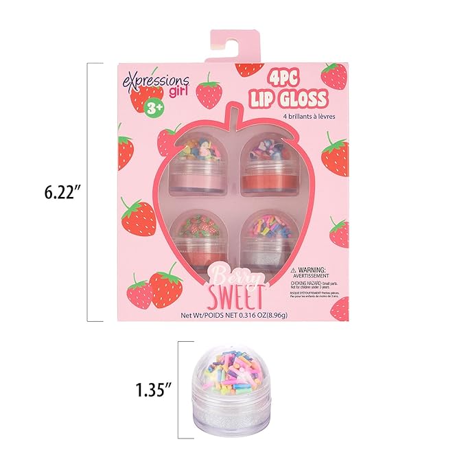 EXPRESSIONS 4pc Lip Gloss with Confetti Top – Berry Sweet Fruity Flavored Lip Gloss For Girls, Safe and Non-Toxic Confetti Lip Gloss Gift Set For Girls
