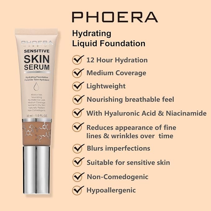PHOERA Hydrating Serum Foundation,Makeup Base Foundation Hypoallergenic and