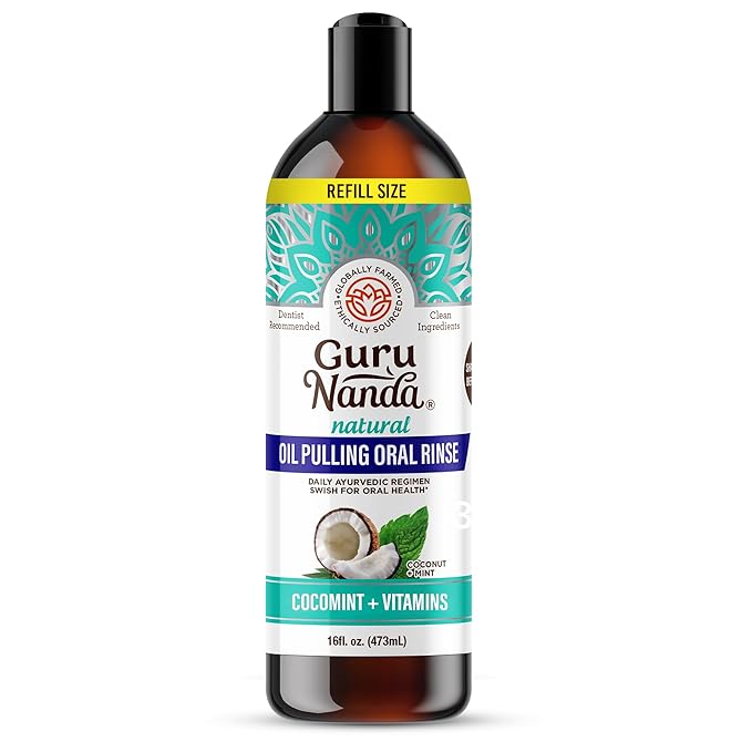 GuruNanda CocoMint Oil Pulling Mouthwash for Complete Oral Hygiene, 7 Essential Oils & Vitamins for Happy Teeth & Gums & Fresh Breath, Alcohol-Free, 16 oz