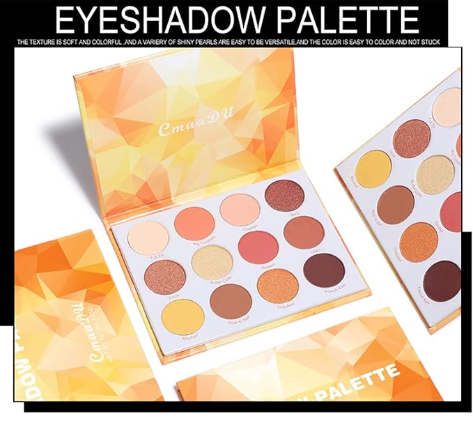 Glitter Matte Orange Yellow Eyeshadow Palette, 12 Colors Shimmer High Pigmented Eyeshadow Makeup Palette Lasting Waterproof Brown Eyeshadow Palette for Girl Women