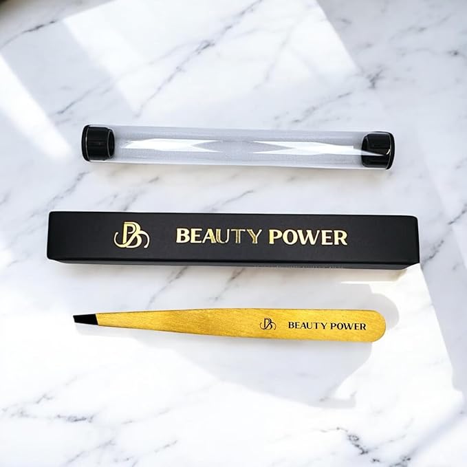 Professional Tweezers - Slant, Durable Lightweight German Stainless Steel, Ultra Precision Tweezers for Eyebrows, Facial Hair, Chin, and Ingrown Hair Removal - Gift (Matte Gold)